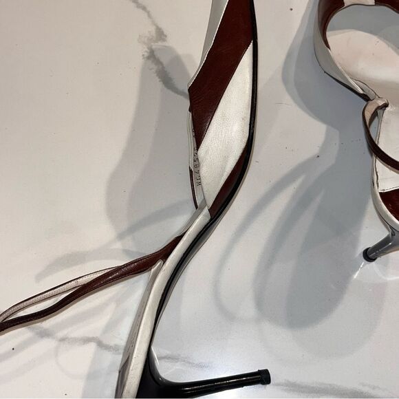 Vintage Ralph Lauren RARE Stripe Brown & White Leather Oxford Slingback Pumps - Picture 8 of 12